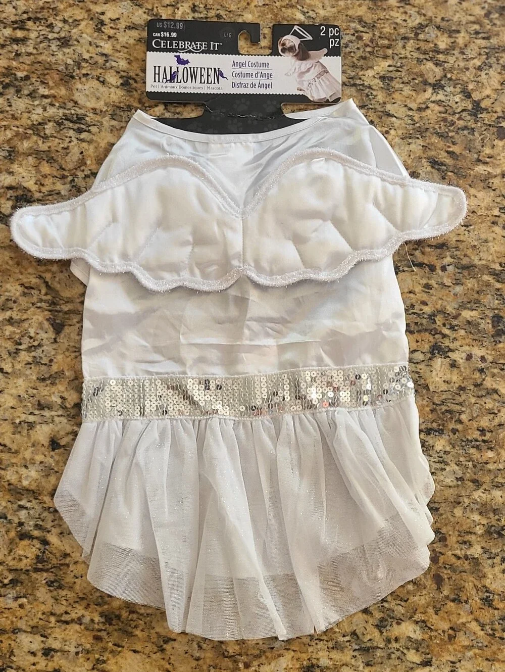 Celebrate It White Angel Dog Costume with Sequin Waistband and Halo Headband